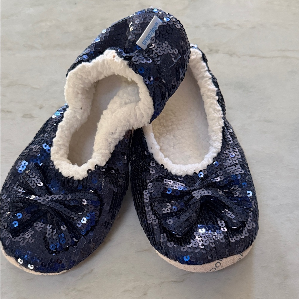 Blingy snoozis sleeper,Sequin Bow Lined Ballet Slippers - Navy Blue,sz L